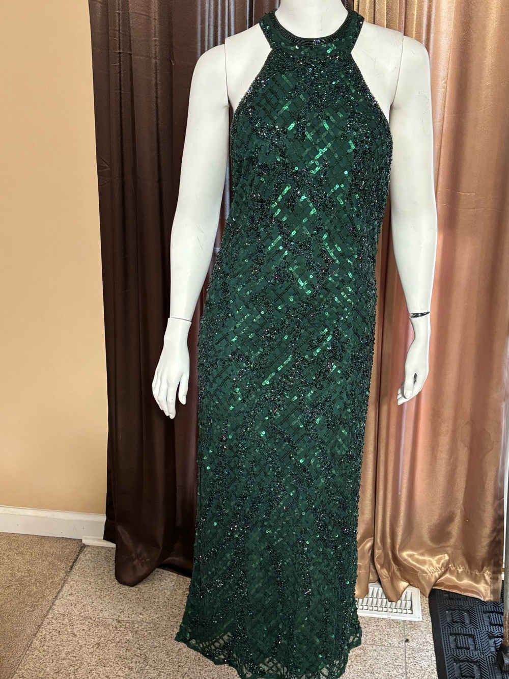 Mac Duggal Dark Emerald Green Beaded Halter Maxi Dress